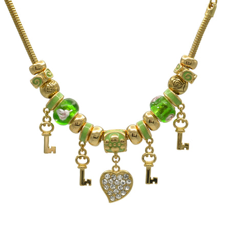 Gold Green Resin Beads Heart And Key Crystal Charm Bracelet #HNB82320GGR