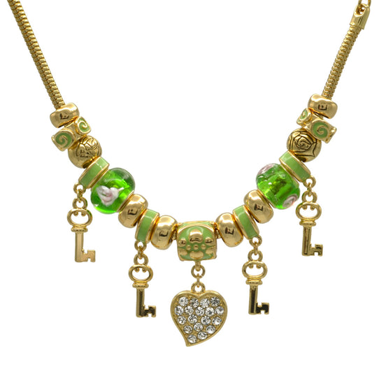 Gold Green Resin Beads Heart And Key Crystal Charm Bracelet #HNB82320GGR