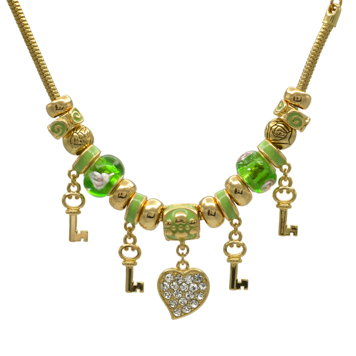 Gold Green Resin Beads Heart And Key Crystal Charm Bracelet #HNB82320GGR