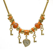 Gold Orange Resin Beads Heart And Key Crystal Charm Bracelet #HNB82320GOR