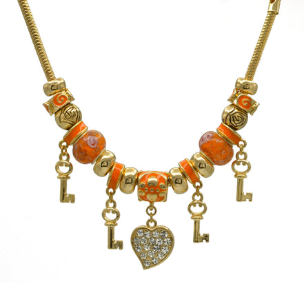Gold Orange Resin Beads Heart And Key Crystal Charm Bracelet #HNB82320GOR