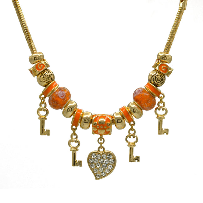Gold Orange Resin Beads Heart And Key Crystal Charm Bracelet #HNB82320GOR