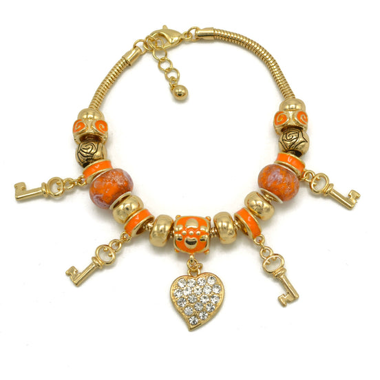 Gold Orange Resin Beads Heart And Key Crystal Charm Bracelet #HNB82320GOR
