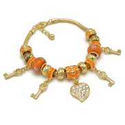 Gold Orange Resin Beads Heart And Key Crystal Charm Bracelet #HNB82320GOR