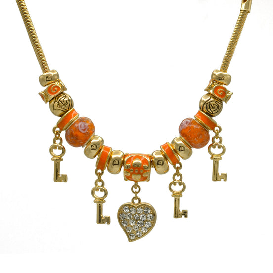 Gold Orange Resin Beads Heart And Key Crystal Charm Bracelet #HNB82320GOR