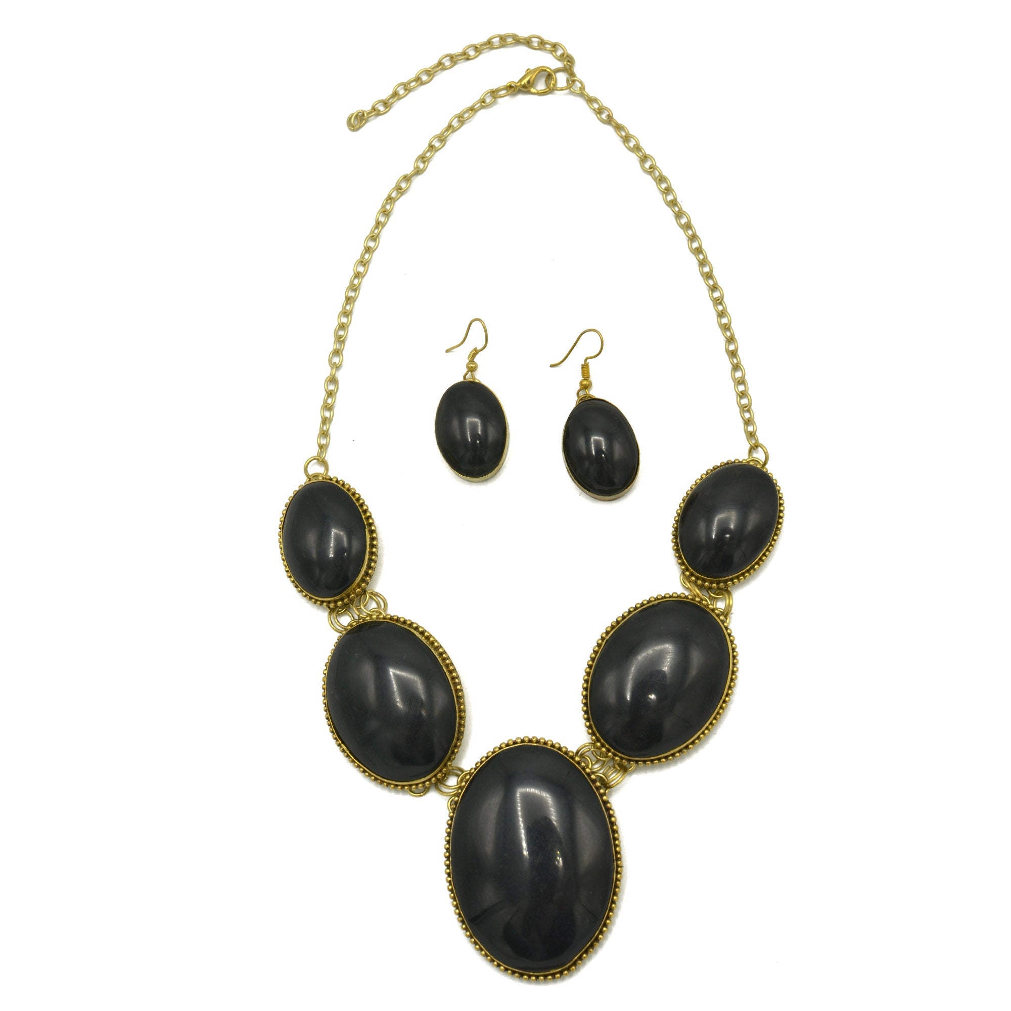 GOLD BLACK OVAL RESIN NECKLACE AND EARRINGS SET #FWNK-2208-05
