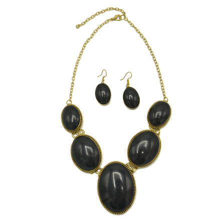GOLD BLACK OVAL RESIN NECKLACE AND EARRINGS SET #FWNK-2208-05