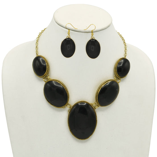GOLD BLACK OVAL RESIN NECKLACE AND EARRINGS SET #FWNK-2208-05