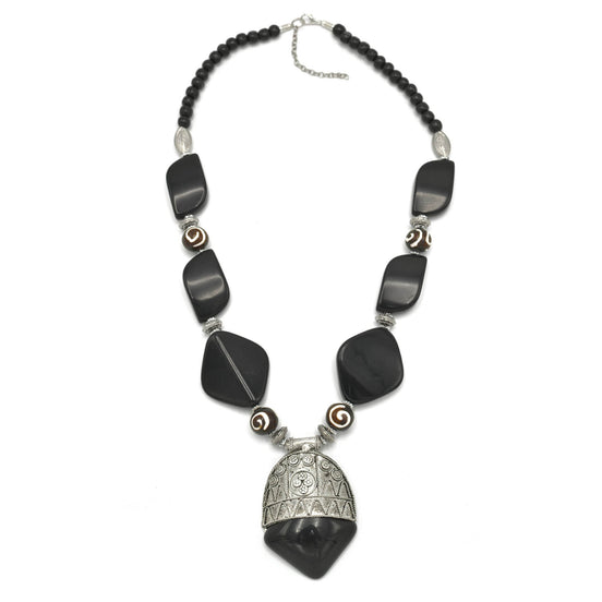 black and wood resin beads silver pendant necklace  #FWNK-2206-013