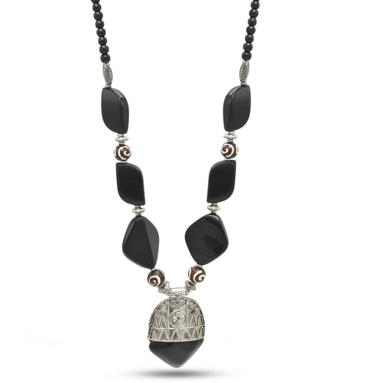 black and wood resin beads silver pendant necklace  #FWNK-2206-013