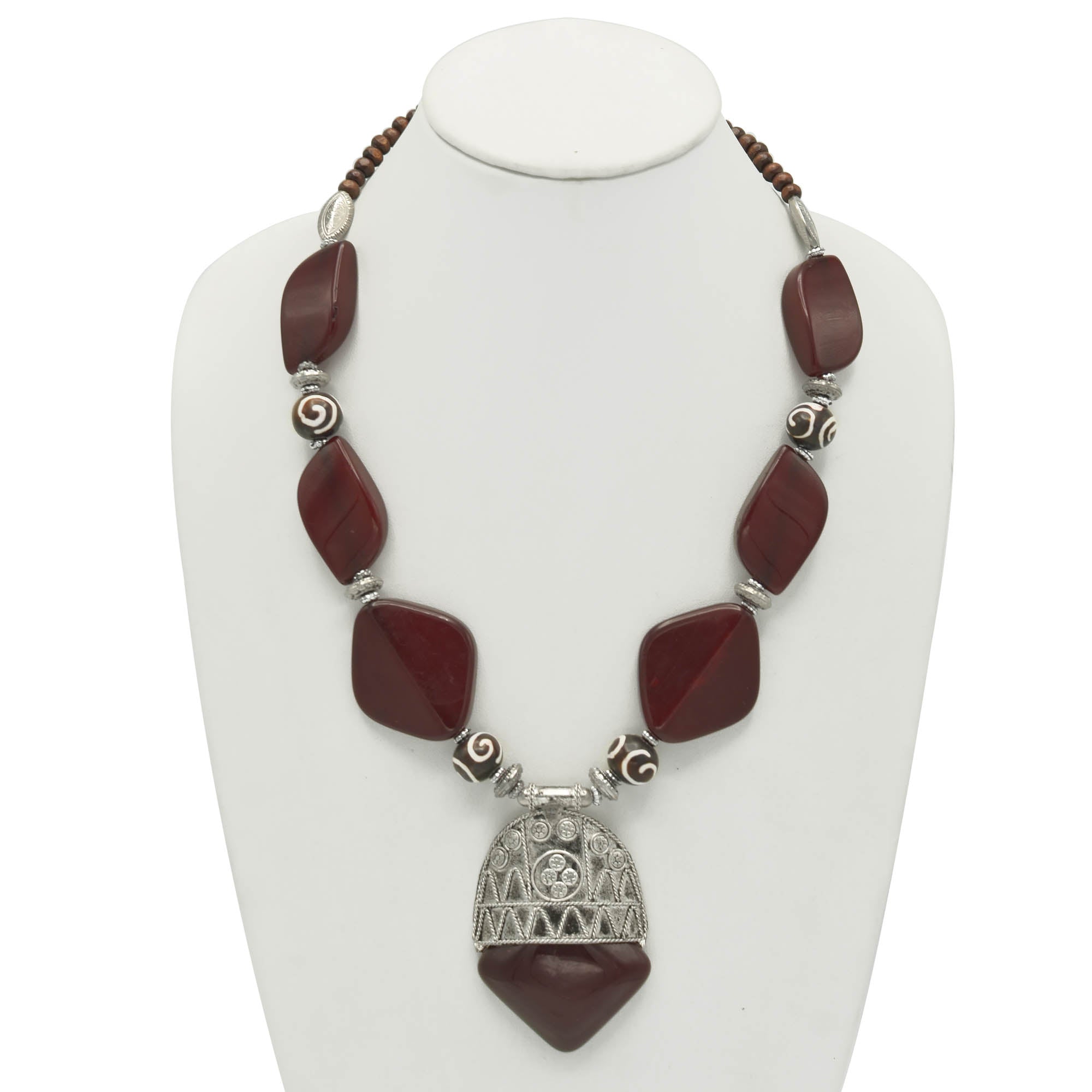 BURGUNDY AND WOOD RESIN BEADS SILVER PENDANT NECKLACE #FWNK-2206-014