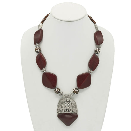BURGUNDY AND WOOD RESIN BEADS SILVER PENDANT NECKLACE #FWNK-2206-014