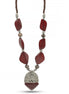 BURGUNDY AND WOOD RESIN BEADS SILVER PENDANT NECKLACE #FWNK-2206-014