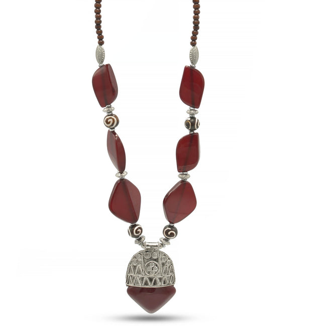 BURGUNDY AND WOOD RESIN BEADS SILVER PENDANT NECKLACE #FWNK-2206-014