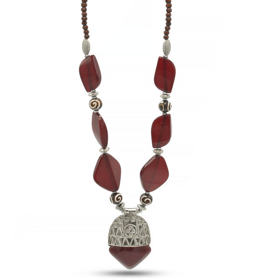 BURGUNDY AND WOOD RESIN BEADS SILVER PENDANT NECKLACE #FWNK-2206-014