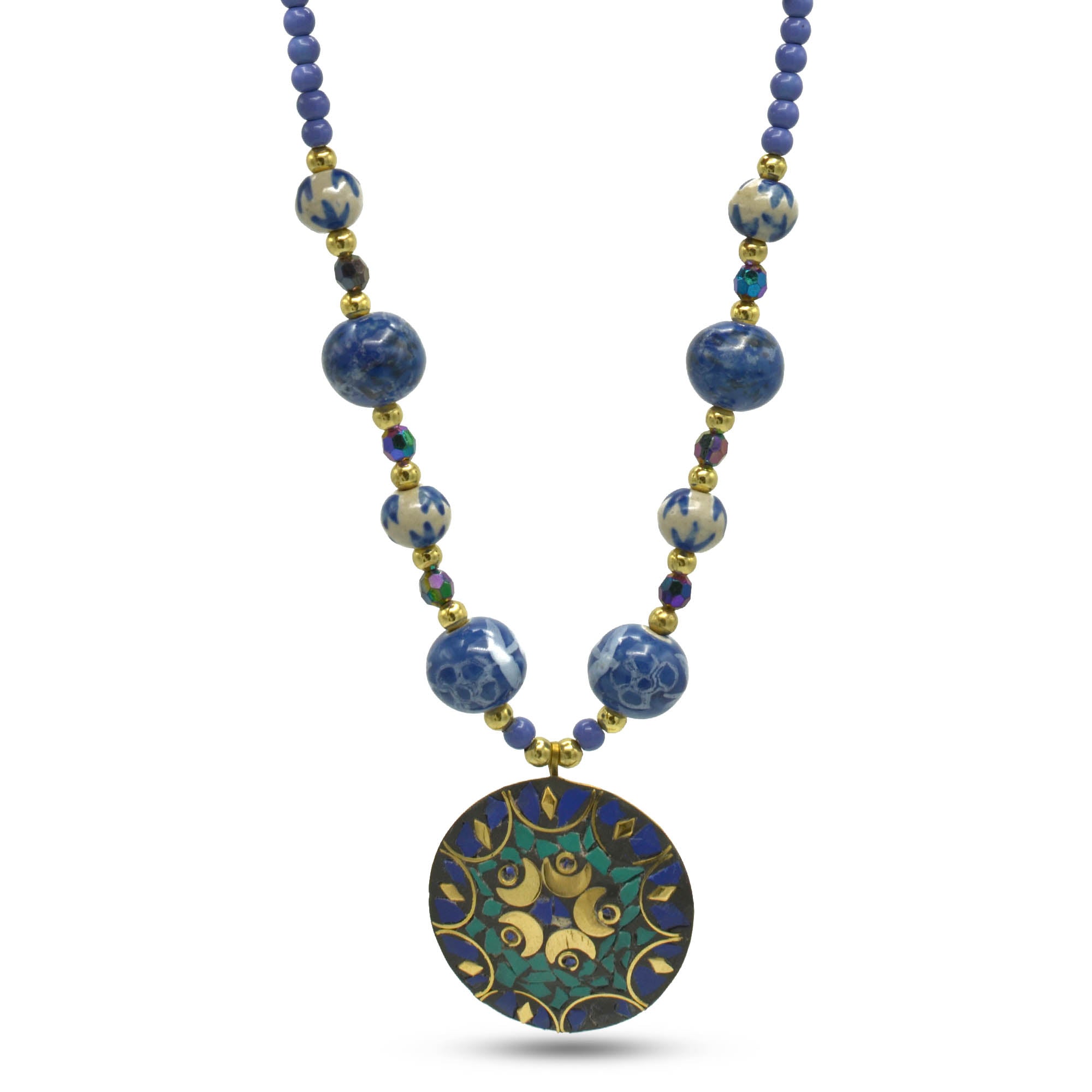 PURPLE AND CREAM CERAMIC BEADS GOLD ROUND NECKLACE #FWNK-2206-002