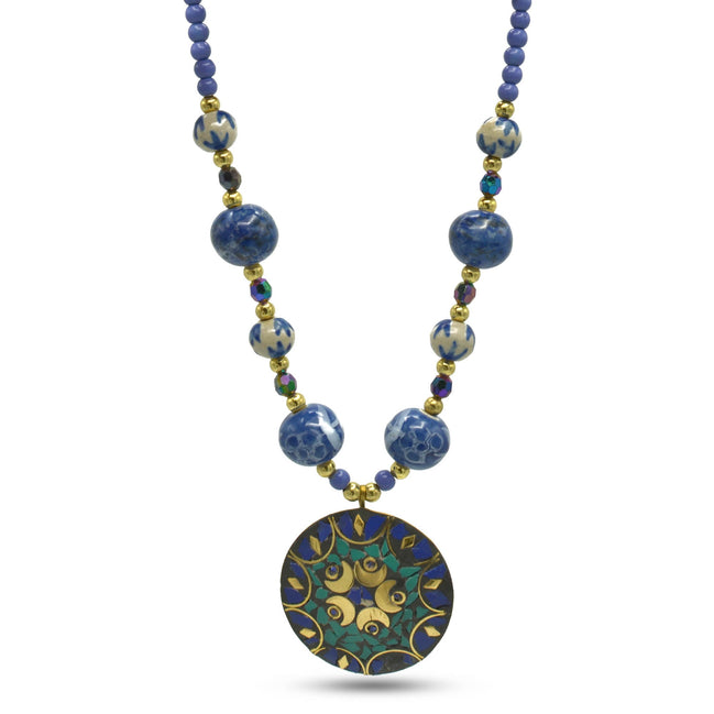 PURPLE AND CREAM CERAMIC BEADS GOLD ROUND NECKLACE #FWNK-2206-002