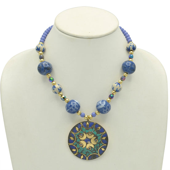 PURPLE AND CREAM CERAMIC BEADS GOLD ROUND NECKLACE #FWNK-2206-002