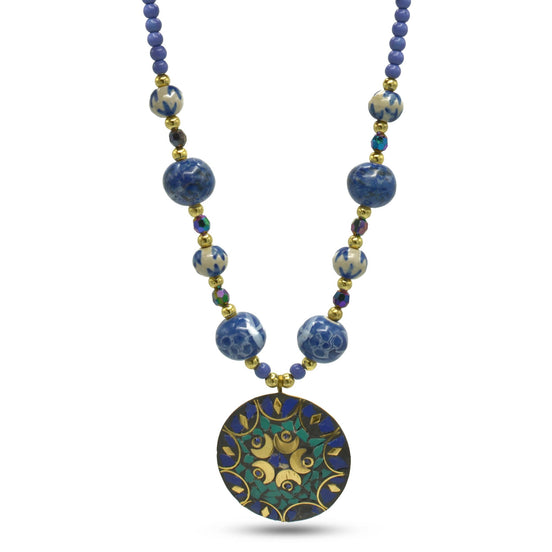 PURPLE AND CREAM CERAMIC BEADS GOLD ROUND NECKLACE #FWNK-2206-002