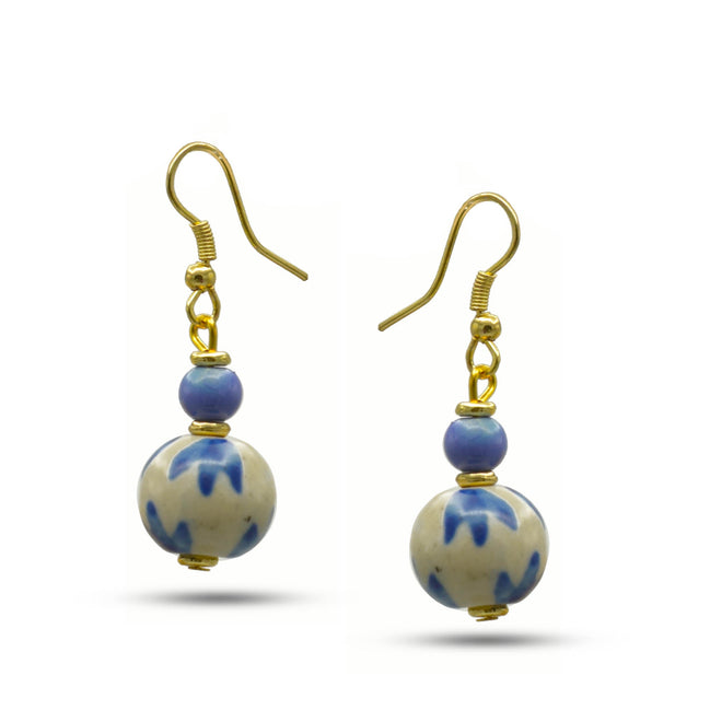 GOLD BLUE CERAMIC BEADS DROP EARRINGS #FWNK-2206-002-ER