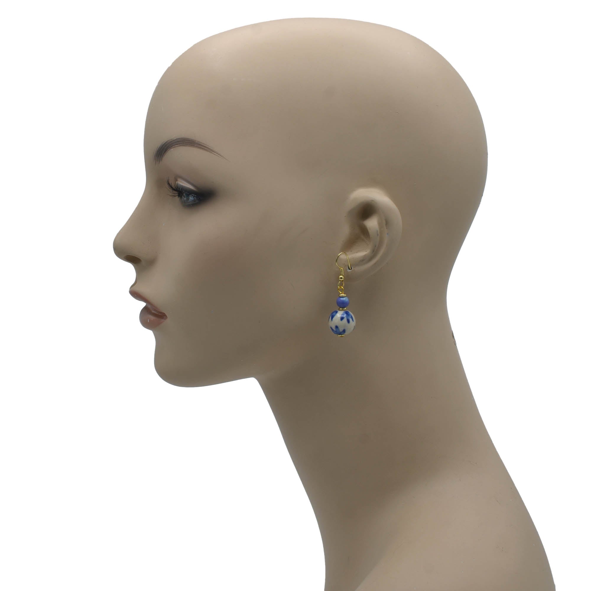 GOLD BLUE CERAMIC BEADS DROP EARRINGS #FWNK-2206-002-ER