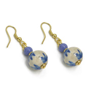 GOLD BLUE CERAMIC BEADS DROP EARRINGS #FWNK-2206-002-ER