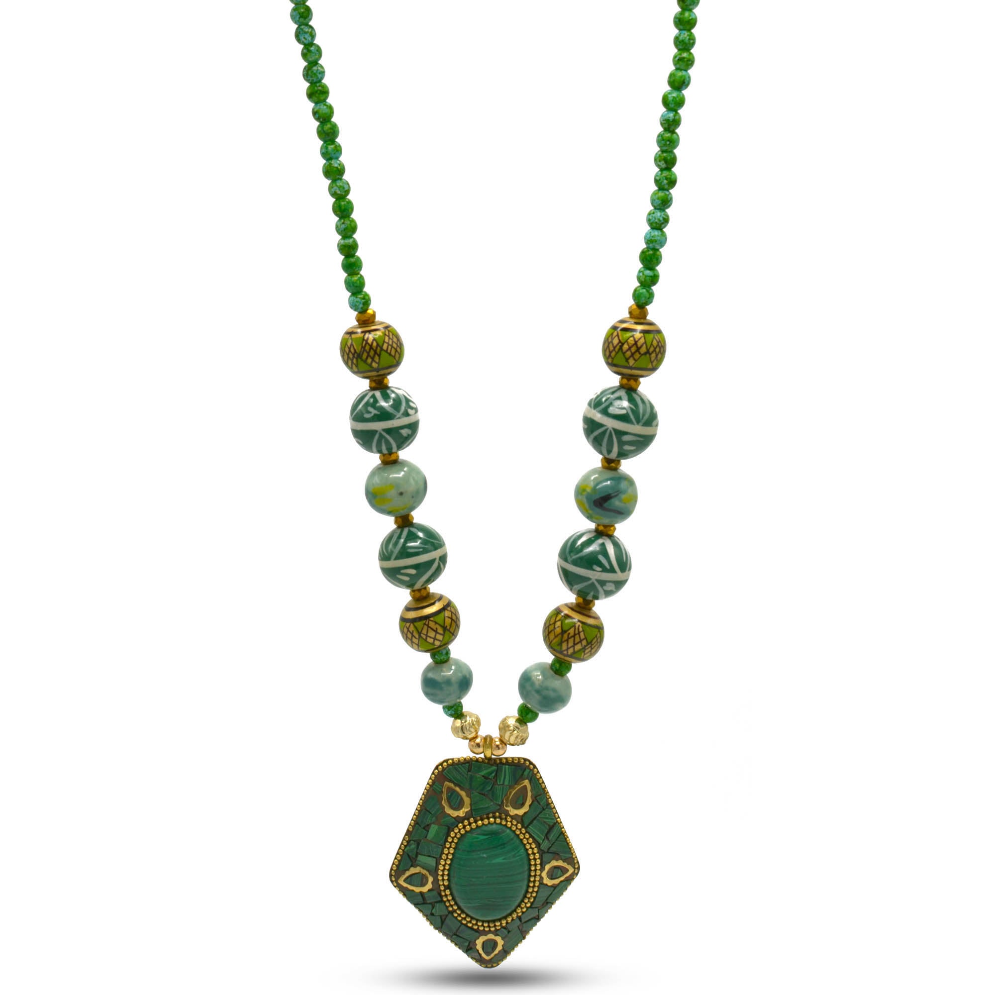 Green Ceramic Beads And Gold Green Pendant Necklace #FWNK-2206-004