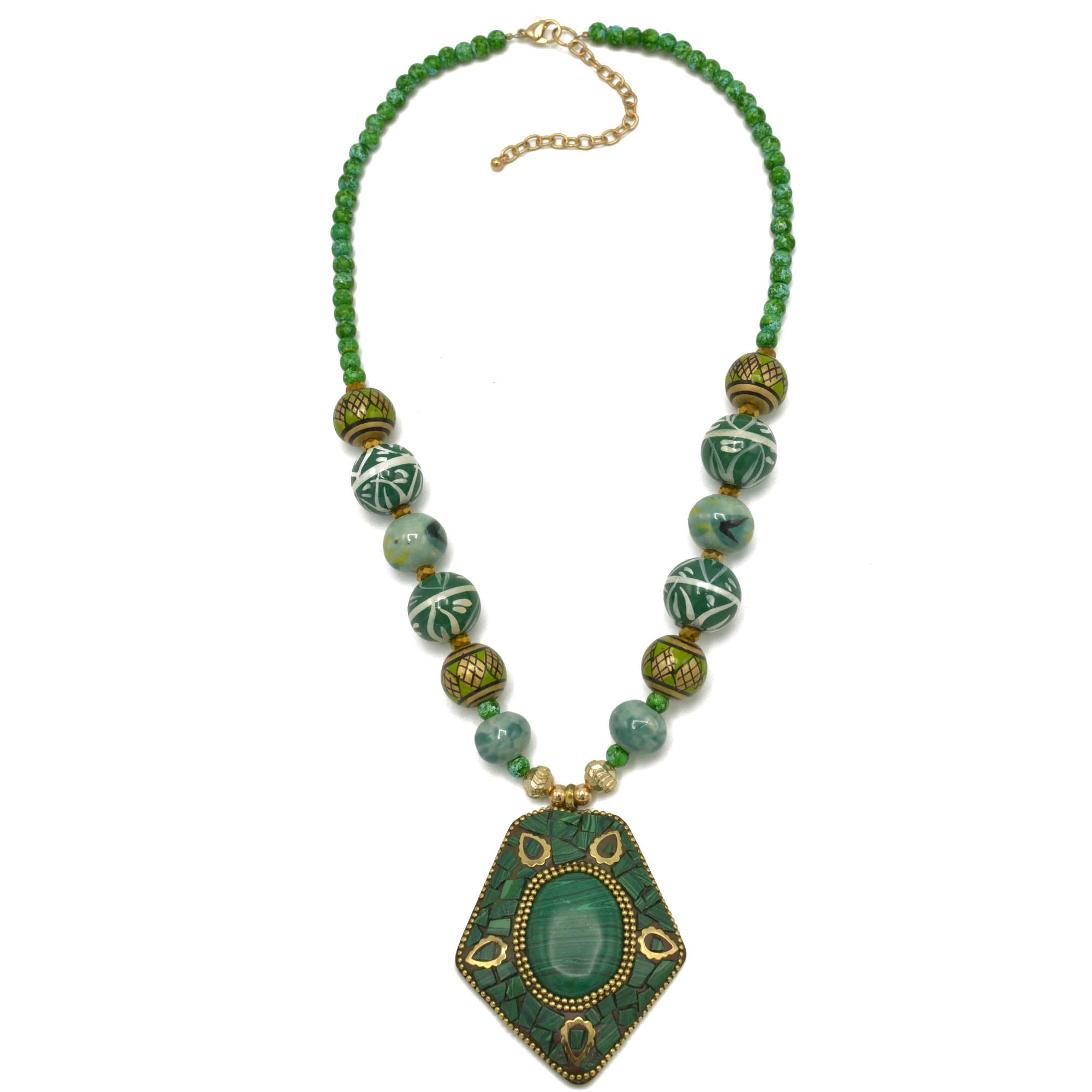 Green Ceramic Beads And Gold Green Pendant Necklace #FWNK-2206-004