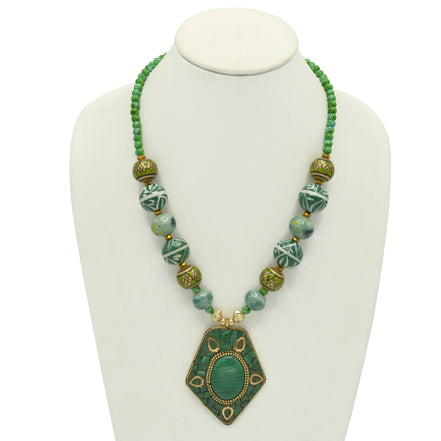Green Ceramic Beads And Gold Green Pendant Necklace #FWNK-2206-004