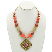 GOLD ORANGE AND CORAL CERAMIC BEADS WITH SQUARE PENDANT NECKLACE #FWNK-2206-007