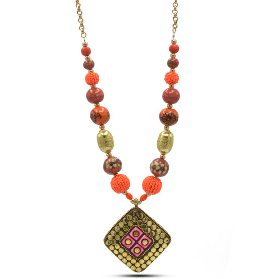GOLD ORANGE AND CORAL CERAMIC BEADS WITH SQUARE PENDANT NECKLACE #FWNK-2206-007