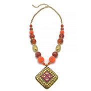 GOLD ORANGE AND CORAL CERAMIC BEADS WITH SQUARE PENDANT NECKLACE #FWNK-2206-007