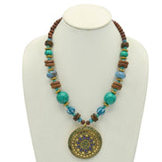 GOLD TURQUOISE AND WOOD BEADS WITH ROUND GOLD PENDANT NECKLACE #FWNK-2206-009