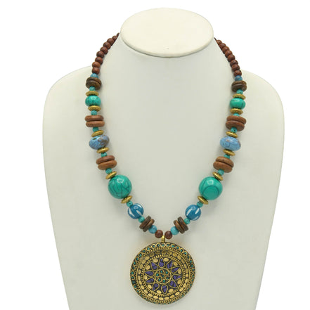 GOLD TURQUOISE AND WOOD BEADS WITH ROUND GOLD PENDANT NECKLACE #FWNK-2206-009