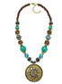 GOLD TURQUOISE AND WOOD BEADS WITH ROUND GOLD PENDANT NECKLACE #FWNK-2206-009