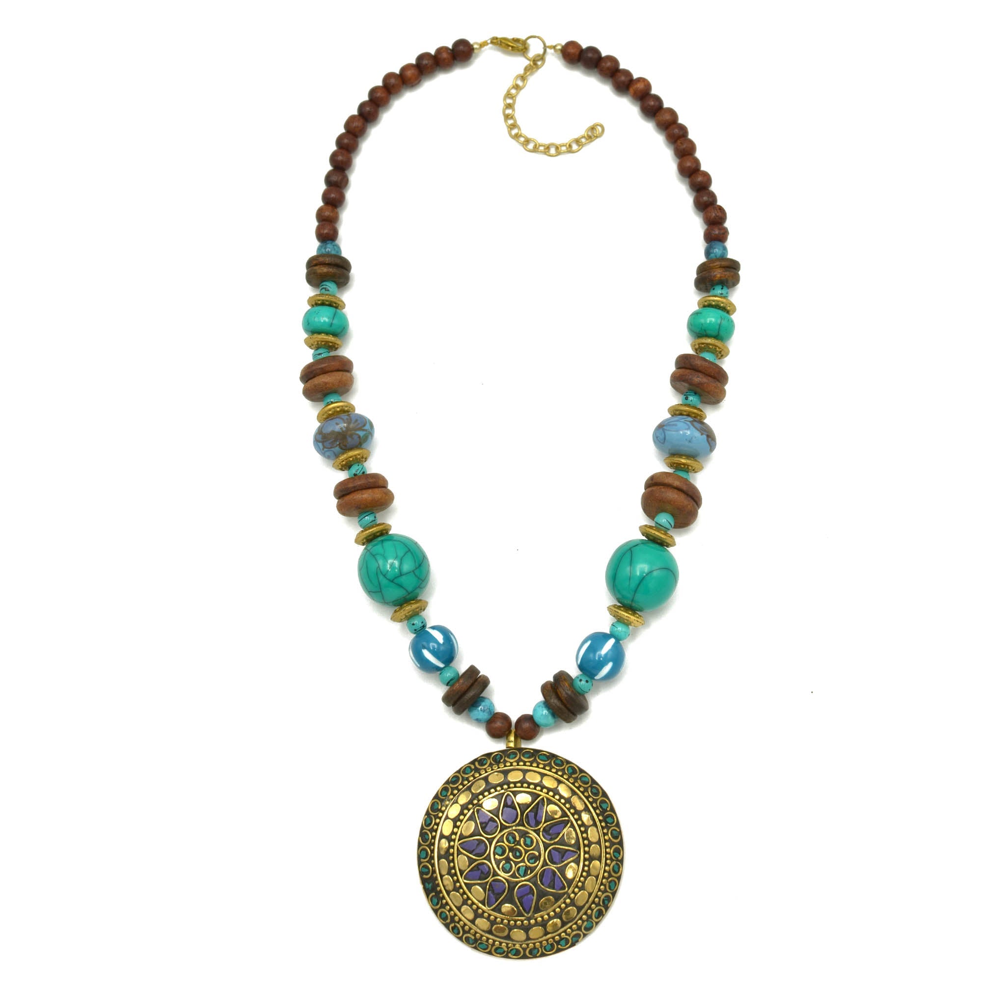 GOLD TURQUOISE AND WOOD BEADS WITH ROUND GOLD PENDANT NECKLACE #FWNK-2206-009