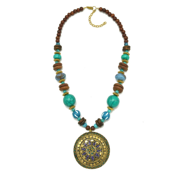 GOLD TURQUOISE AND WOOD BEADS WITH ROUND GOLD PENDANT NECKLACE #FWNK-2206-009