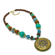 GOLD TURQUOISE AND WOOD BEADS WITH ROUND GOLD PENDANT NECKLACE #FWNK-2206-009
