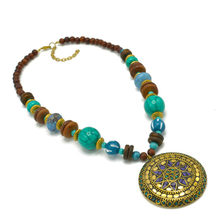 GOLD TURQUOISE AND WOOD BEADS WITH ROUND GOLD PENDANT NECKLACE #FWNK-2206-009