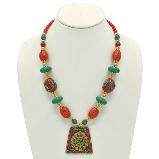 Coral and turquoise resin beads with gold pendant necklace #FWNK-2206-015