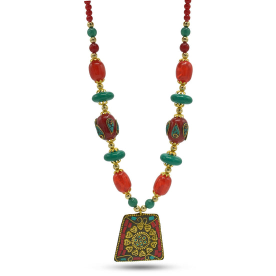 Coral and turquoise resin beads with gold pendant necklace #FWNK-2206-015
