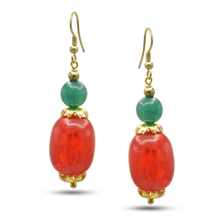 CORAL AND TURQUOISE GREEN RESIN BEADS EARRINGS#FWNK-2206-015-ER