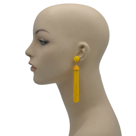 YELLO SEED BEAD LONG TASSEL POST EARRINGS #FWNK-2206-033
