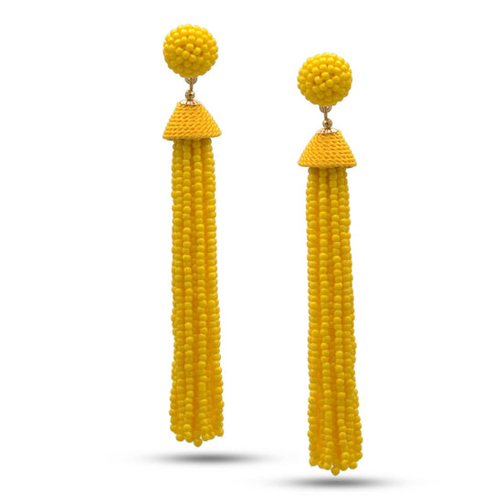 YELLO SEED BEAD LONG TASSEL POST EARRINGS #FWNK-2206-033