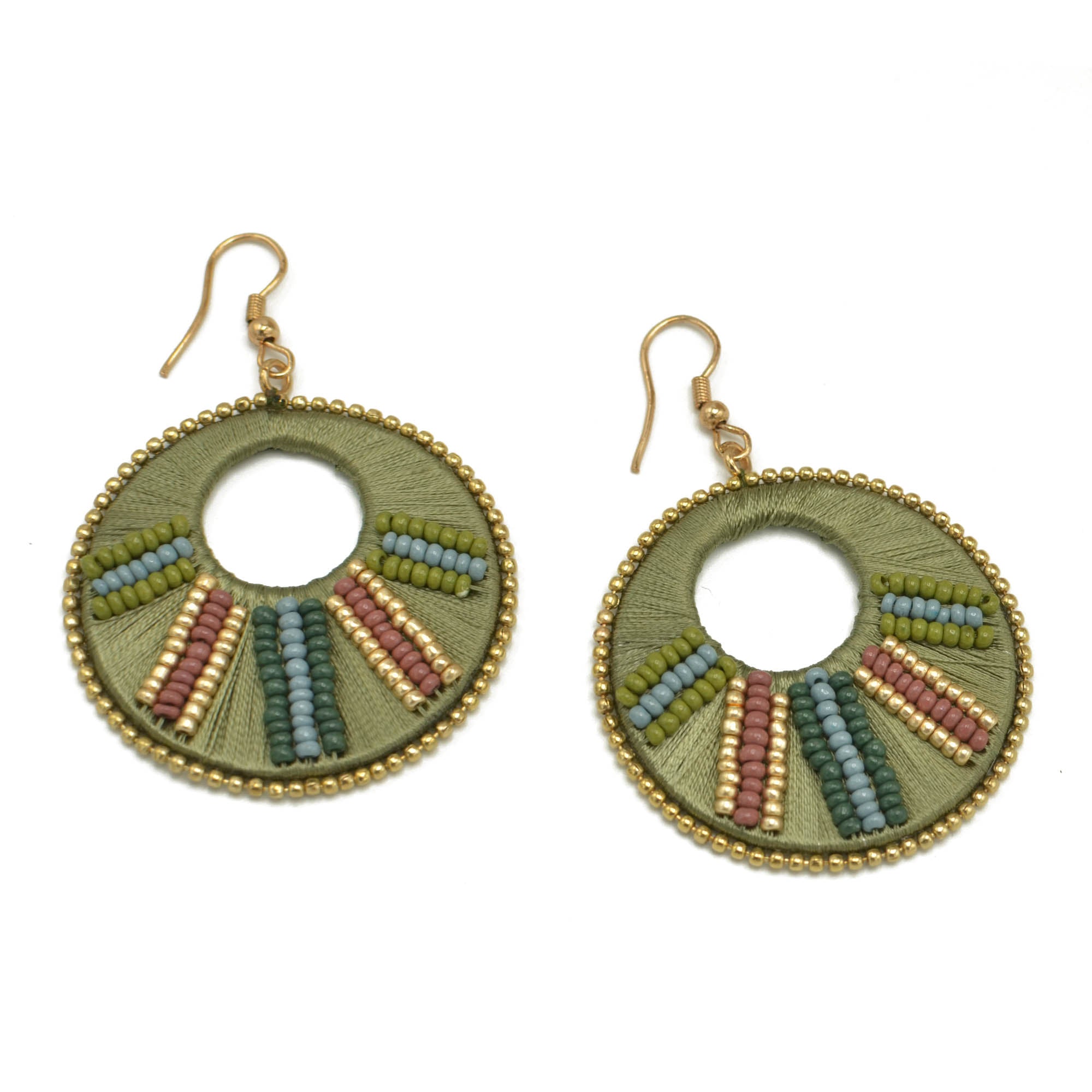 MULTI COLOR BEADS AND GREEN THREAD GOLD EARRINGS# FWNK-2206-038
