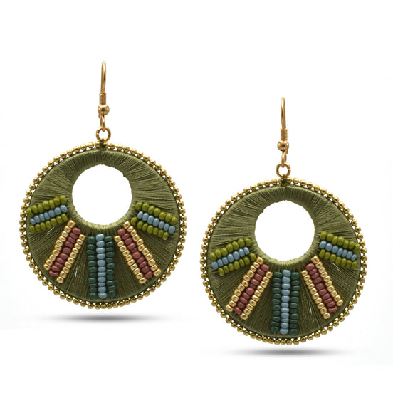 MULTI COLOR BEADS AND GREEN THREAD GOLD EARRINGS# FWNK-2206-038