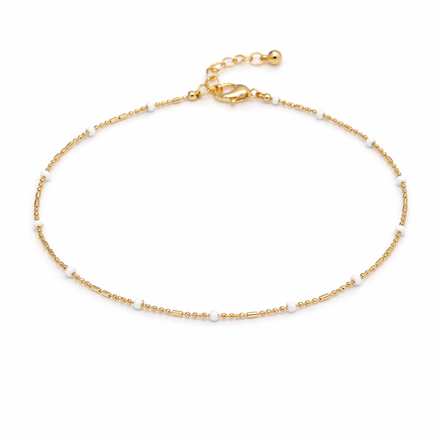 Delicate Gold Beaded Anklet with White Accent Beads – Minimalist Adjustable Chain Anklet#HNA89613GDWT(TG19)