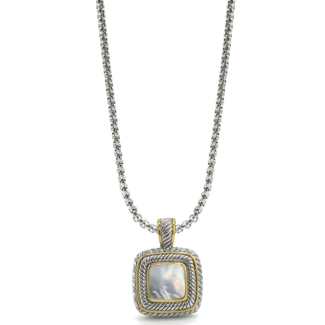 Two Tone Pave Square Crystal Engraved Pendant With Box Chain Necklace #83015EH-MOP (FF18)