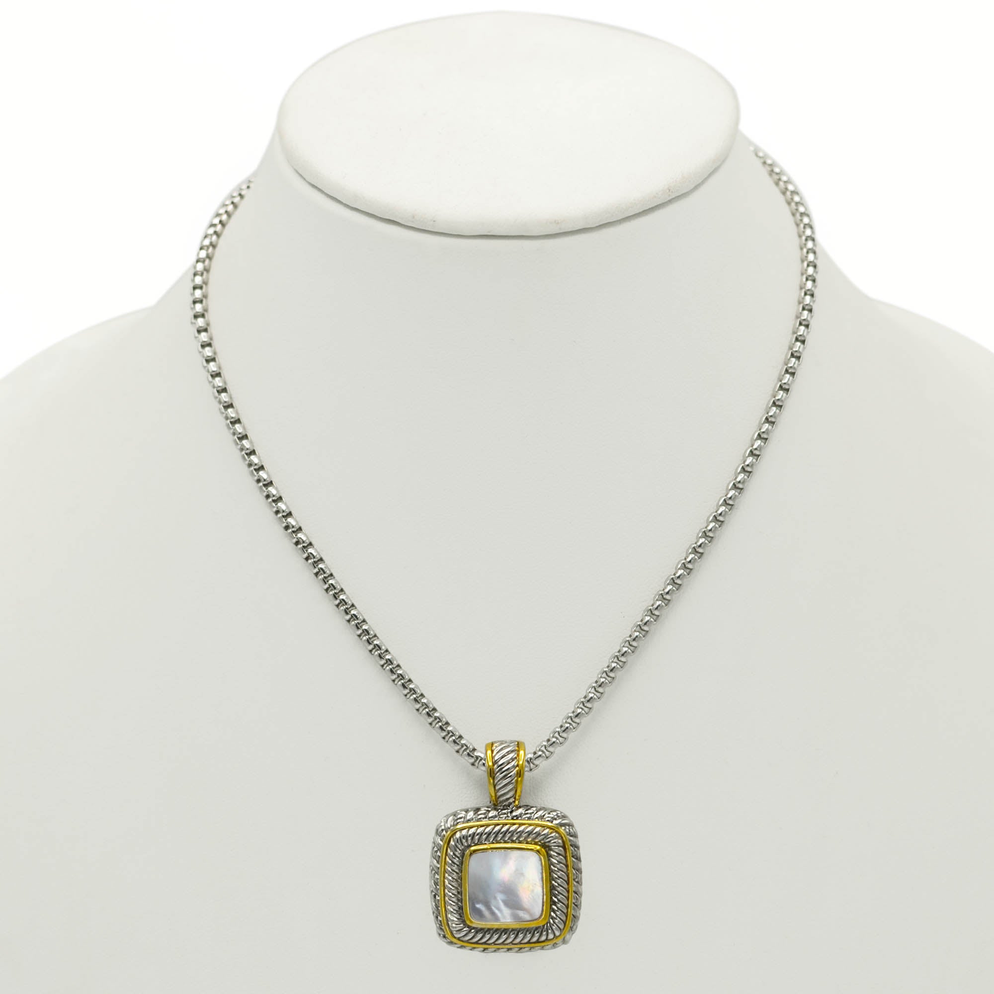 Two Tone Pave Square Crystal Engraved Pendant With Box Chain Necklace #83015EH-MOP (FF18)