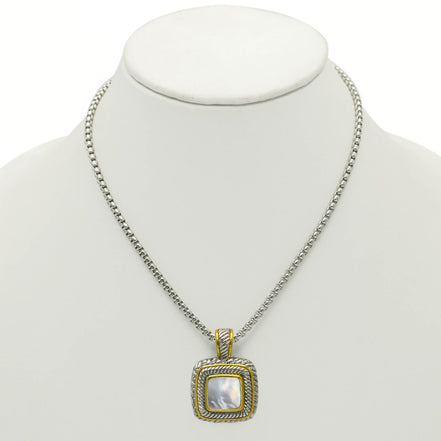 Two Tone Pave Square Crystal Engraved Pendant With Box Chain Necklace #83015EH-MOP (FF18)